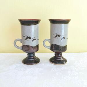 Vintage Mugs Otagiri Studio Art Pottery Coffee Cups Tea Bird Geese Footed Mug